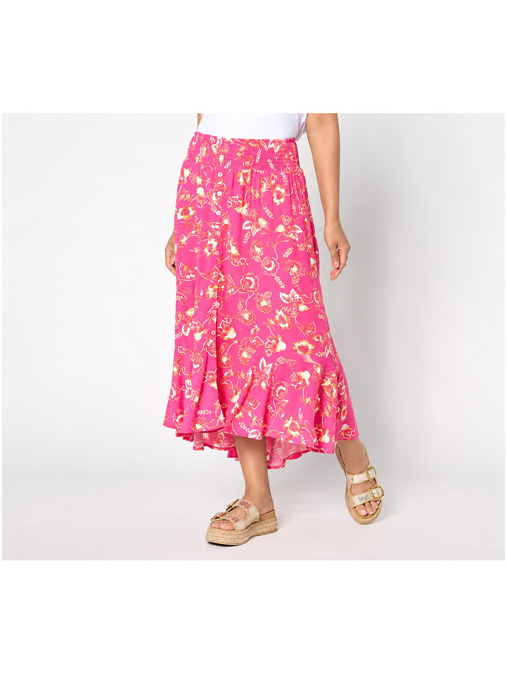 Susan Graver Passport Printed Woven Button Front Skirt Pink/Clementine, Large